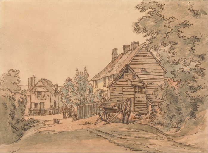 Rural Farmhouse Scene with Cart and Trees