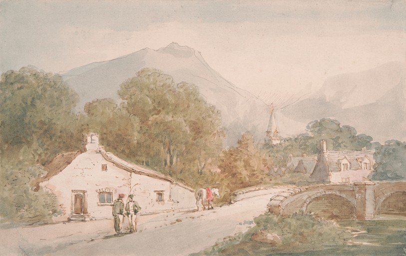 Watercolor Landscape of a Rural Village with a Bridge and Mountain