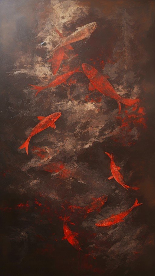 Abstract Painting of Red Fish in Dark Water