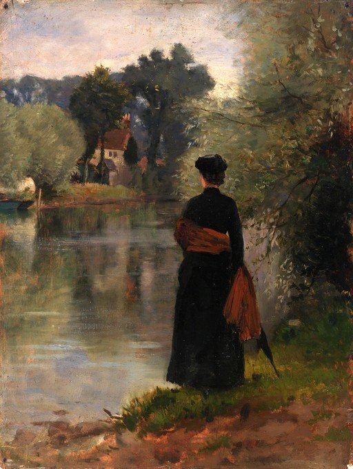 Woman by the River in a Pastoral Landscape