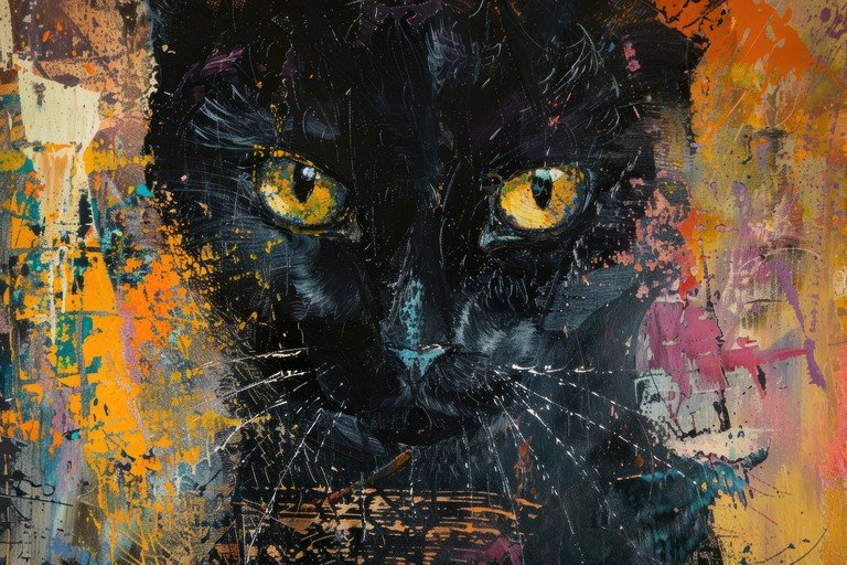 Abstract Black Cat Portrait with Vibrant Splashes