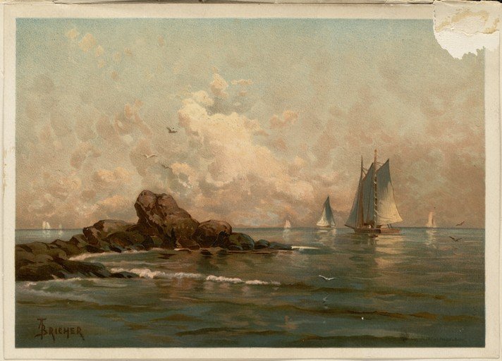 Schooner Sailing Past Rocky Shoreline