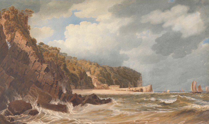 Coastal Landscape with Cliffs, Beach, and Sailing Ships