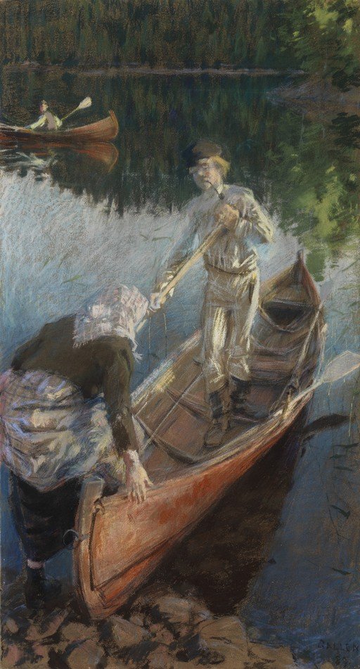 Canoe Scene with Figures by a Lake