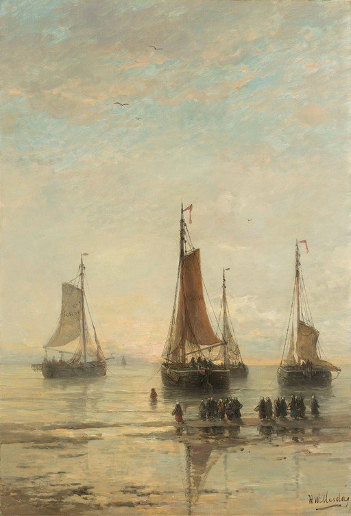 Fishing boats at sea with figures on the shore