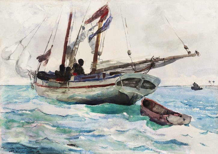 Watercolor Painting of a Sailboat with Figures and Dinghy