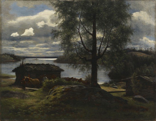 Rural Lakeside Scene with Cabins and Horses
