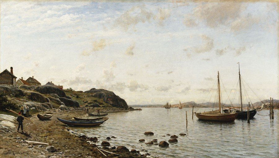Coastal Village Scene with Boats and Rocky Shore