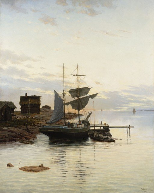Sailboat Moored at a Rustic Harbor at Dusk