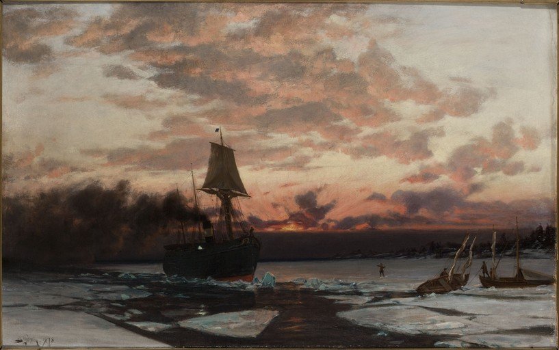 Icebreaker Ship Navigating Through Icy Waters at Sunset
