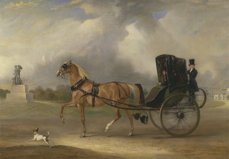 Horse-drawn carriage with figures and dog in a landscape