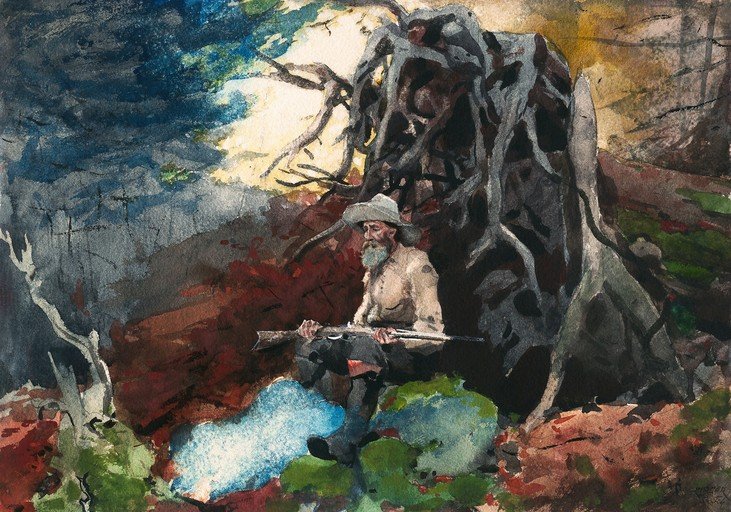 Man with Rifle Rests by Gnarled Tree Roots