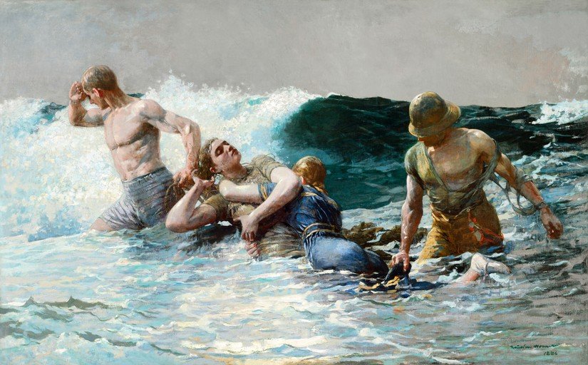 Men Rescuing a Woman from Rough Seas
