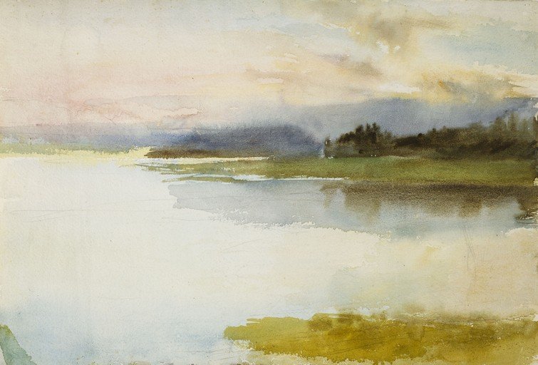 Watercolor Landscape of a Serene Lake at Dusk