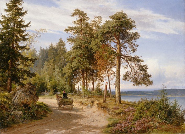 Rural Scene with Horse-Drawn Cart by a Lake