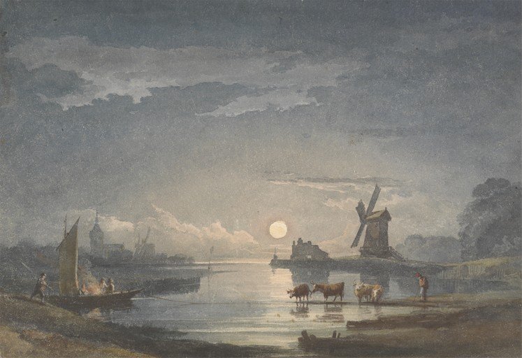 Moonlit Dutch Landscape with Windmill and Boat