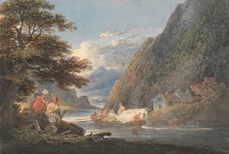 Watercolor of a River Scene with People in a Boat and on Shore