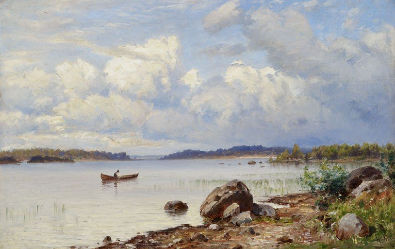 Serene Lake Scene with Lone Canoeist