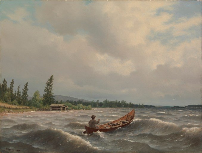 Man in Canoe on Wavy Lake