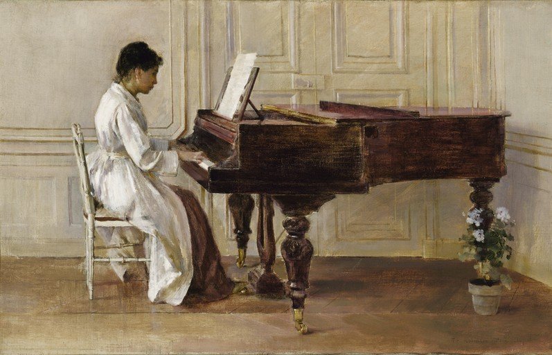 Woman Playing Grand Piano in Elegant Room