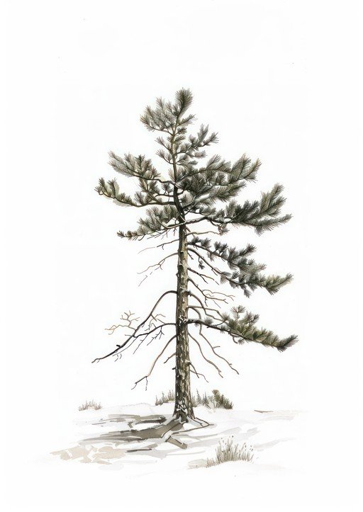 Watercolor Pine Tree in Snowy Landscape