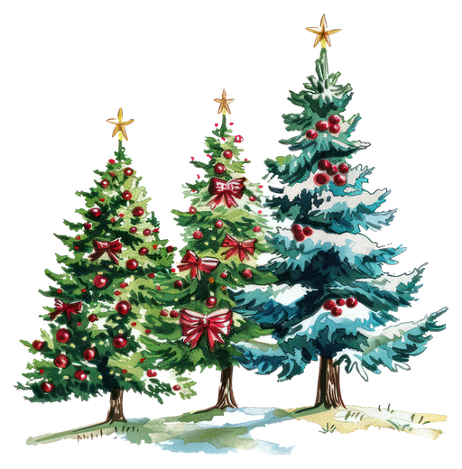 Three Decorated Christmas Trees with Snow