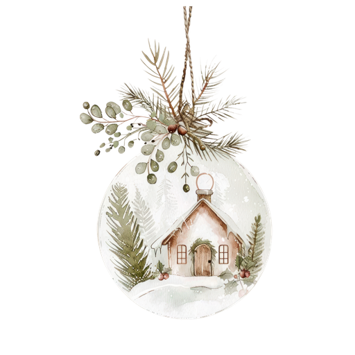 Watercolor Christmas Ornament with Snowy Cottage Scene