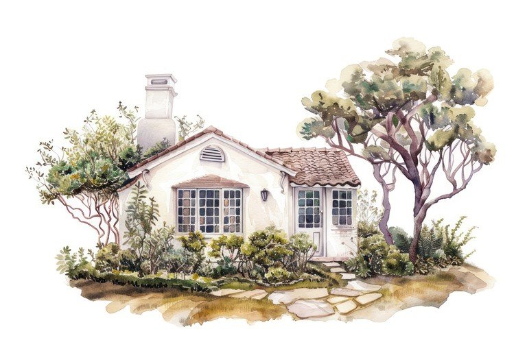 Charming Watercolor Cottage with Lush Garden