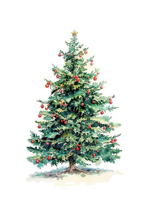 Watercolor Christmas Tree with Red Ornaments