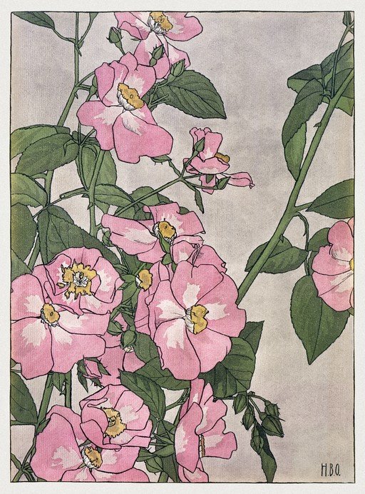 Art Nouveau Pink Roses and Green Leaves Illustration