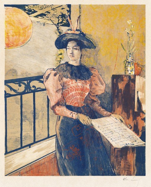 Woman in Hat Reading Music by a Balcony