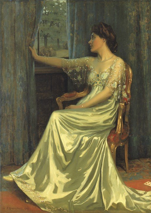 Elegant Woman in a Silk Gown Gazes Out Window