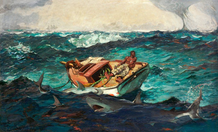 Man in a Boat Surrounded by Sharks