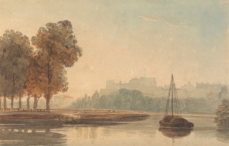 Watercolor Landscape with Castle and Boat