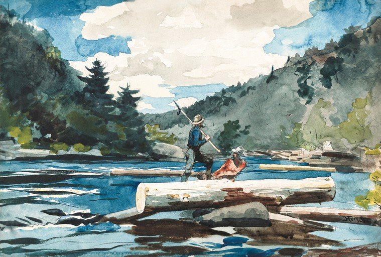 Loggers Navigating a River in a Watercolor Landscape