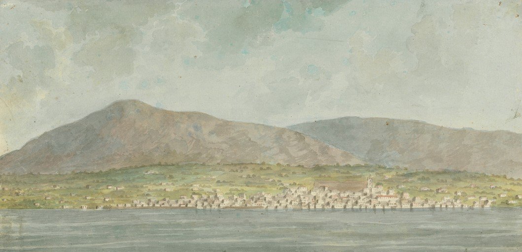 Watercolor Landscape of a Coastal Town with Mountains