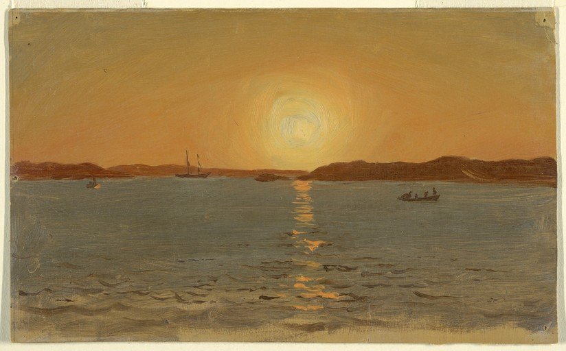 Sunset Over Water with Sailboat and Fishing Boat
