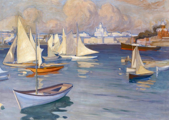 Sailboats in Harbor with Cityscape and Steamer
