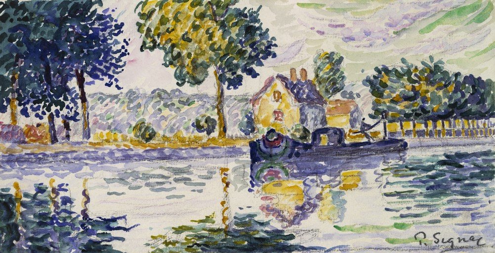 Impressionist Canal Scene with Boat and House