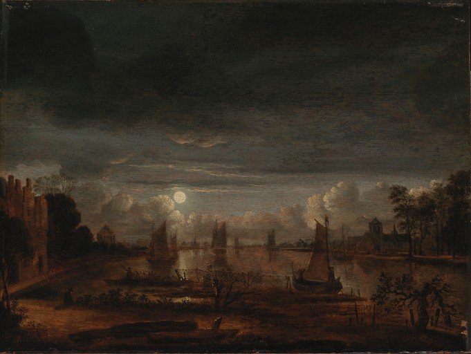Moonlit River Scene with Sailing Boats and Castle