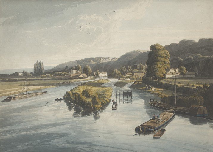 River Landscape with Barges and Village