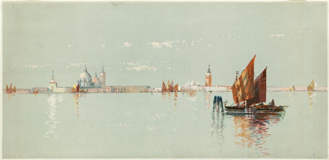 Venetian Lagoon Scene with Sailboats and Architecture