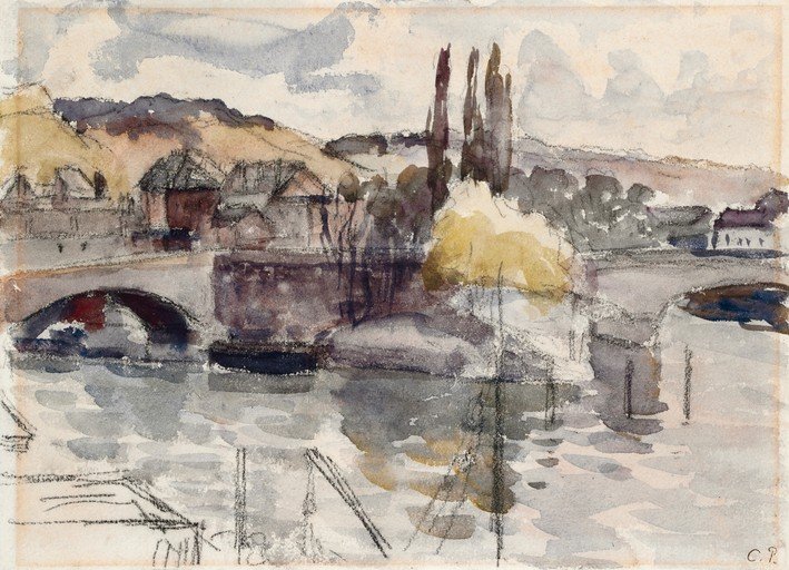 Watercolor painting of a bridge over a river with buildings and trees