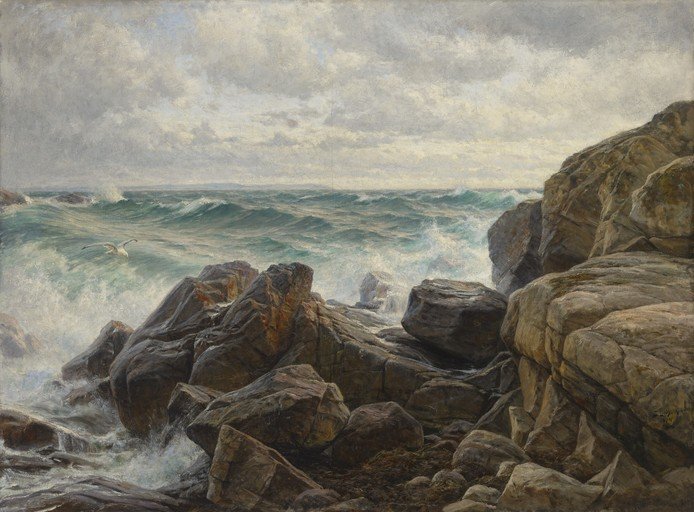 Stormy Seas Crash Against Rocky Shoreline