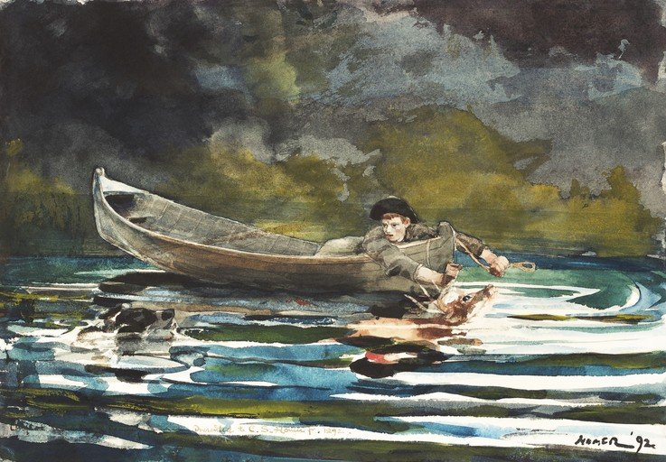 Boy in a Boat with a Deer and Dogs