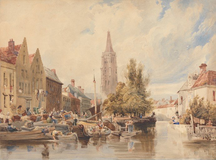 Watercolor of a bustling European canal scene with boats and buildings