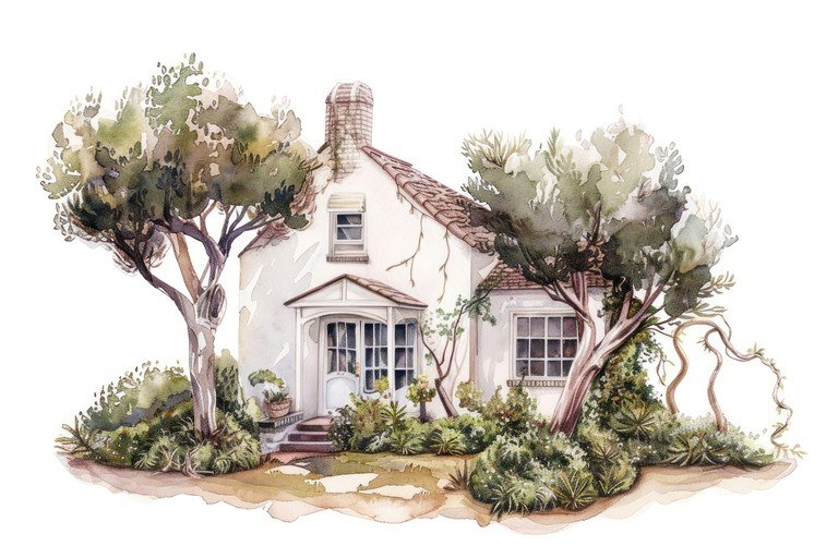 Charming Watercolor Cottage with Lush Greenery