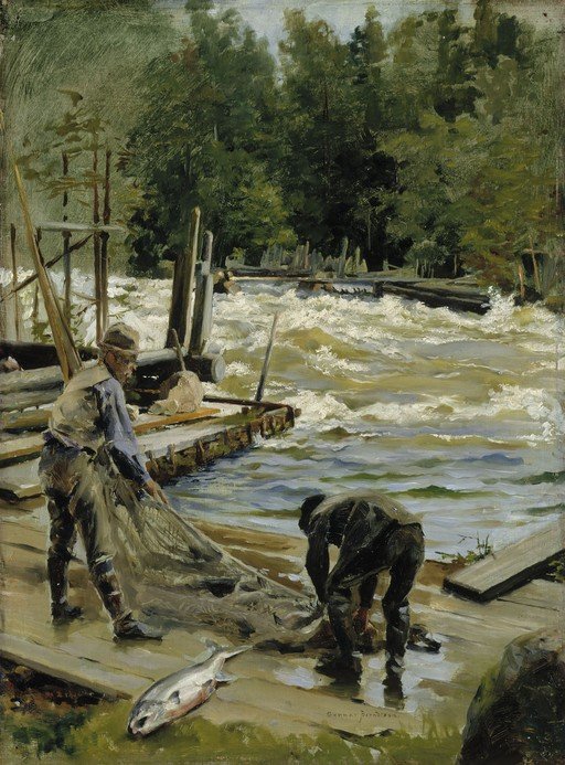 Fishermen Hauling Net by Rushing River