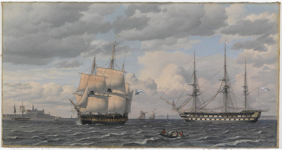 Naval Ships Sailing Near a Coastal Fortress