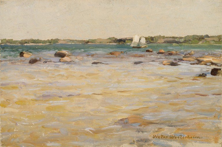 Seascape Painting with Sailboat and Rocky Shore